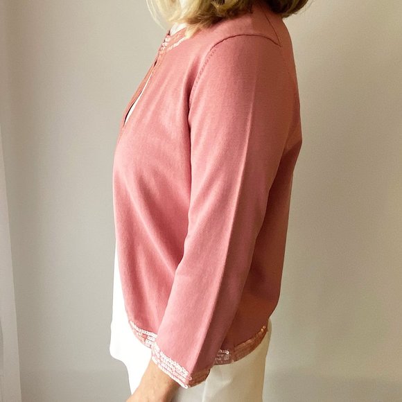 Kate Hill dusty rose sequin trim silk cardigan - Picture 2 of 13